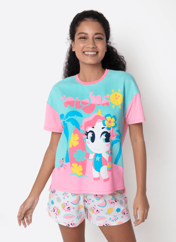 Pijama Manga Curta Viscolycra Feminino Unicórnio Aloha PP