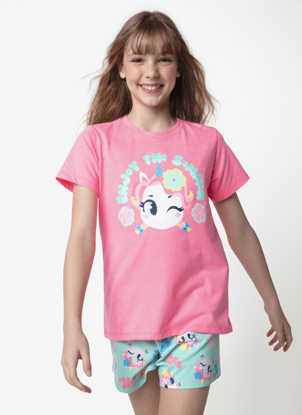 Pijama Manga Curta Menina Teen Unicórnio Aloha 8