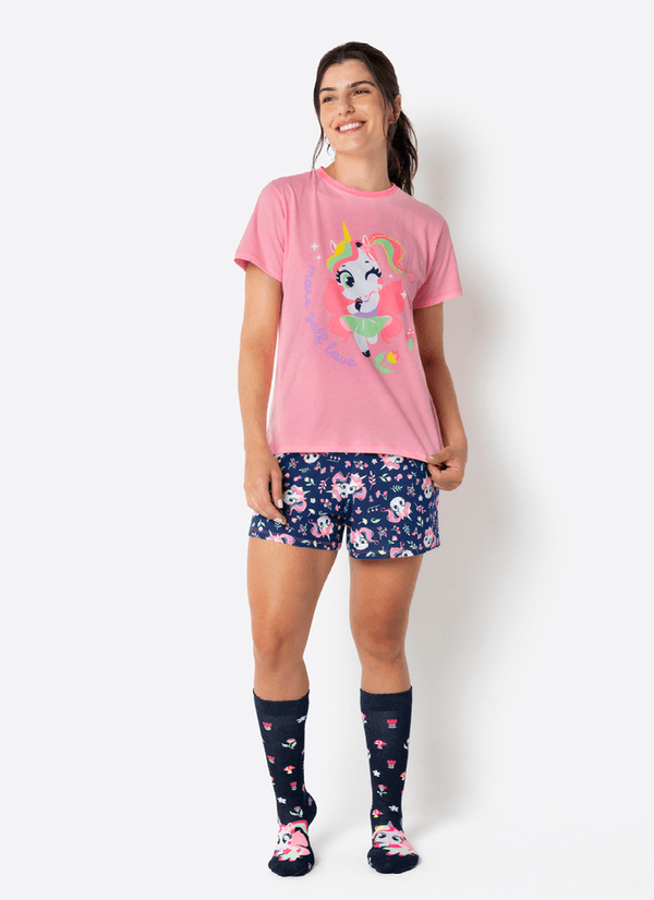 Pijama Manga Curta Feminino Unicórnio Encantado P