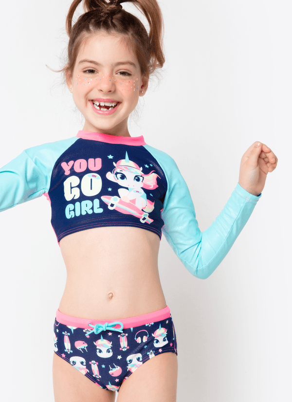 Conjunto Cropped e Calcinha com Proteção Solar Menina Unicórnio Skate 8