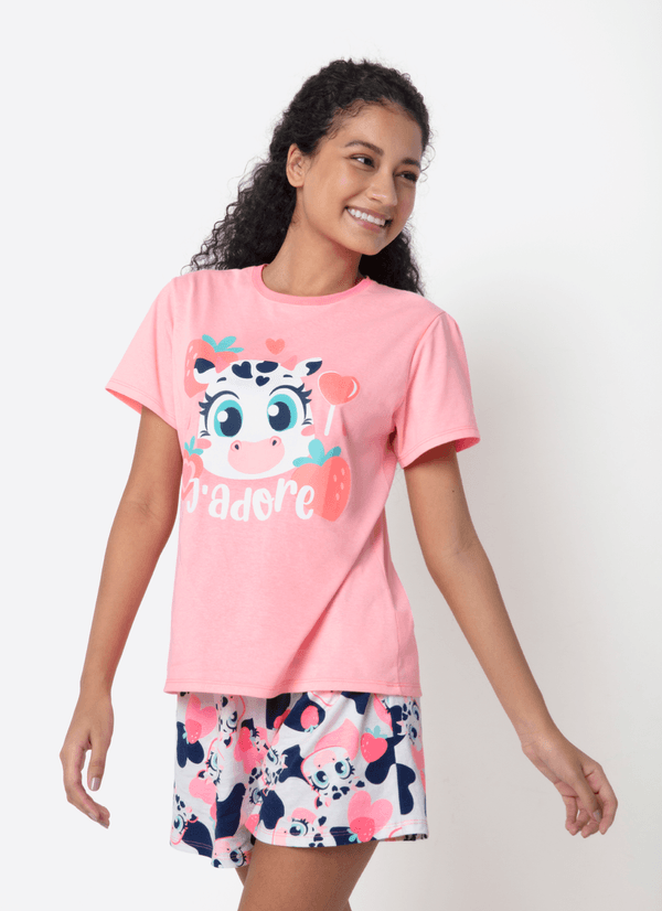 Pijama Manga Curta Feminino Vaca Romântica G
