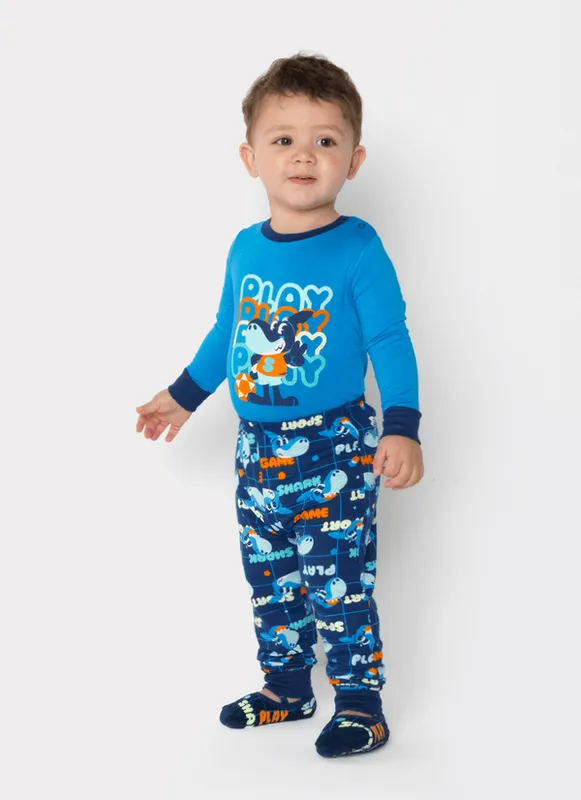Pijama Manga Longa Viscolycra Bebê Menino Tubarão Futevôlei 3 A 6 MESES