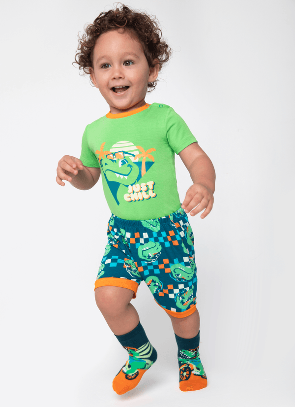 Pijama Manga Curta Viscolycra Bebê Menino Dino Miami 3 A 6 MESES