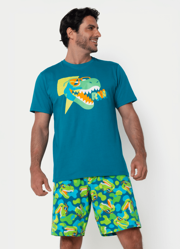 Pijama Manga Curta Algodão Masculino Dino G