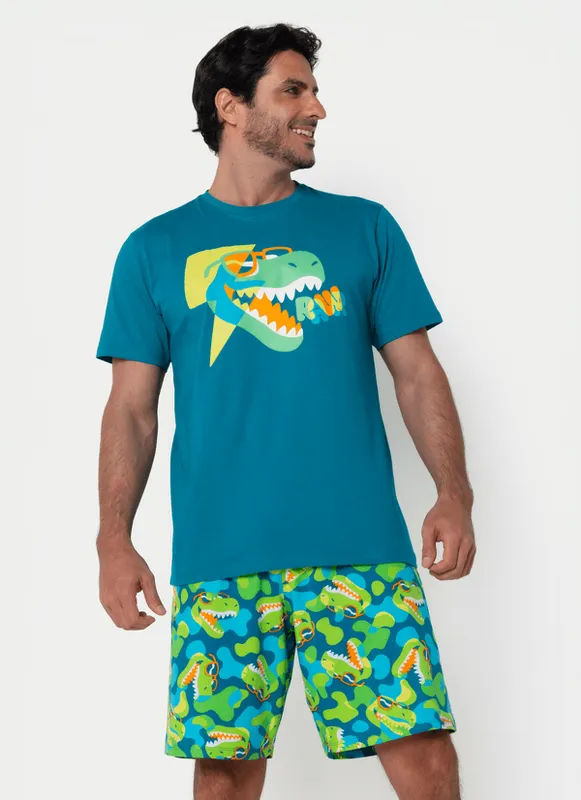 Pijama Manga Curta Algodão Masculino Dino G