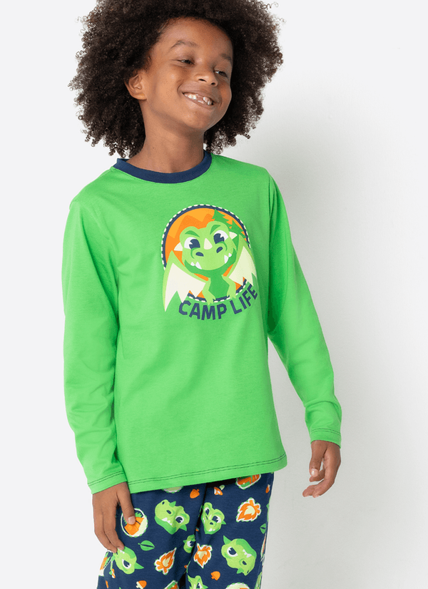 Pijama Manga Longa Algodão Menino Dragão Camping 1