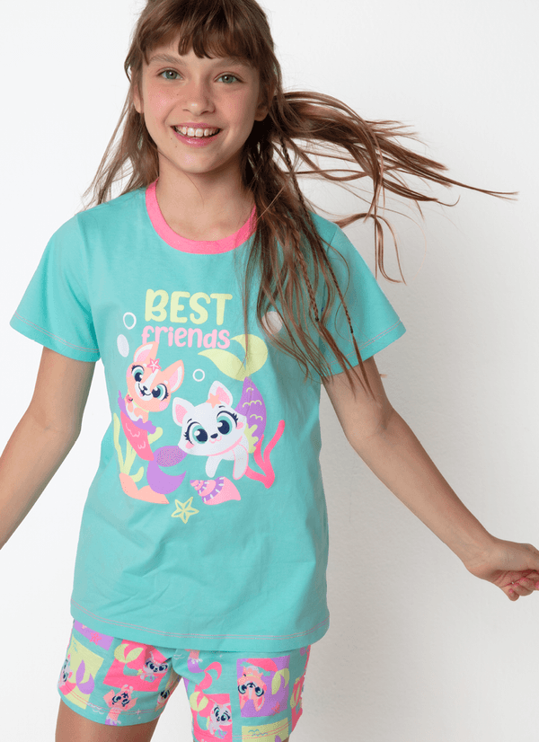 Pijama Manga Curta Algodão Menina Teen Pet Sereia 10