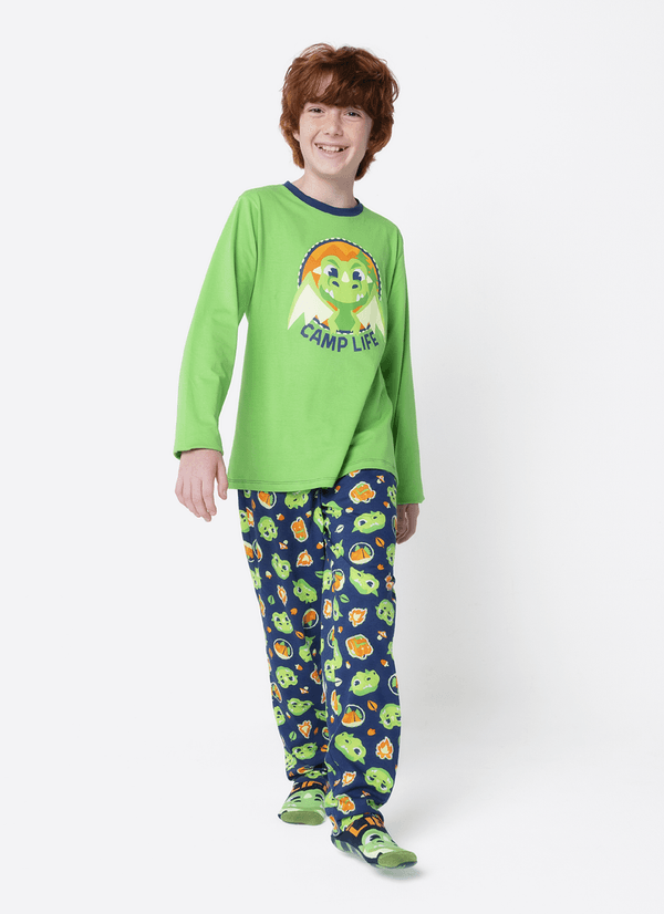 Pijama Manga Longa Algodão Menino Teen Dragão Camping 12