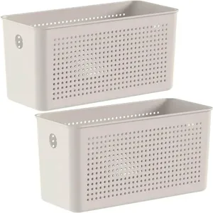 2 Cestos Organizadores Multiuso Empilháveis 4,2L Retangular 26x12x13cm com Perfurações Flow Bege