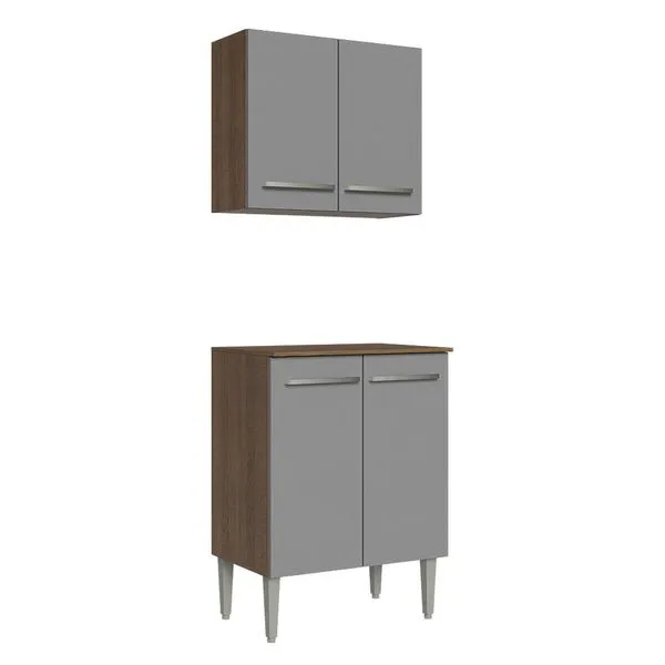 Kit com Armário Aéreo e Balcão 64cm Rustic/Cinza Emilly Madesa Cor:Rustic/Cinza