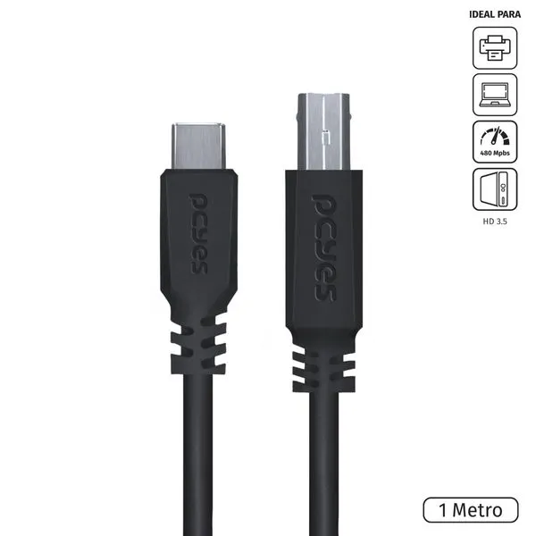 Cabo para Impressora USB Tipo C para USB B 2.0 1 Metro Preto - PUCBP-1