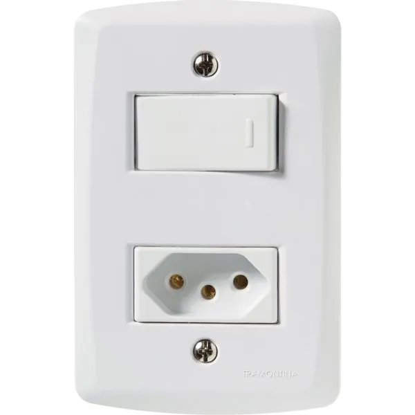Conjunto 4x2 com 1 Interruptor Simples 10 A 250 V e 1 Tomada 2P+T 10 A 250 V Tramontina Lux2 Branco