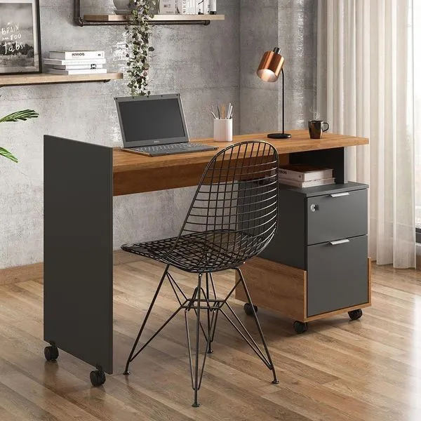 Mesa Escrivaninha 2 Gavetas Módulo 1 Office Alessa Lukaliam Móveis Amêndoa - Chumbo Amêndoa - Chumbo
