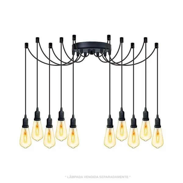 Lustre Aranha Com 10 Pendentes (2m Cabo Preto+ Soquetes + Canopla)