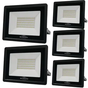 Kit 5 Refletor De Led Slim 50w Prova Dágua Preto Bivolt 6500k Frio