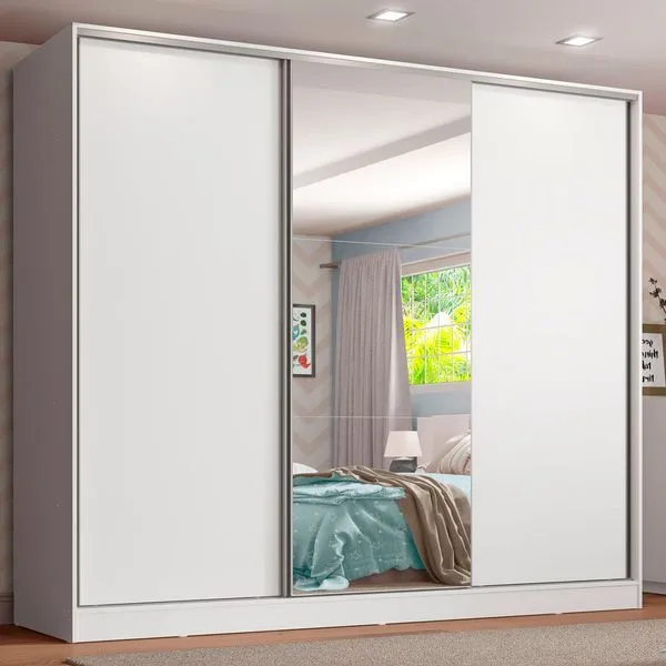 Guarda-Roupa Infantil Madesa Logan 100% MDF 3 Portas de Correr com Espelho Branco Cor:Branco