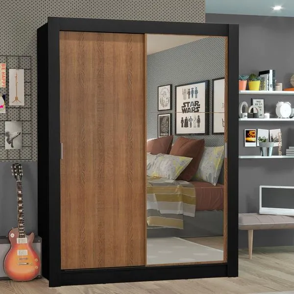 Guarda-Roupa Solteiro Madesa Denver 2 Portas de Correr com Espelho Preto/Rustic Cor:Preto/Rustic