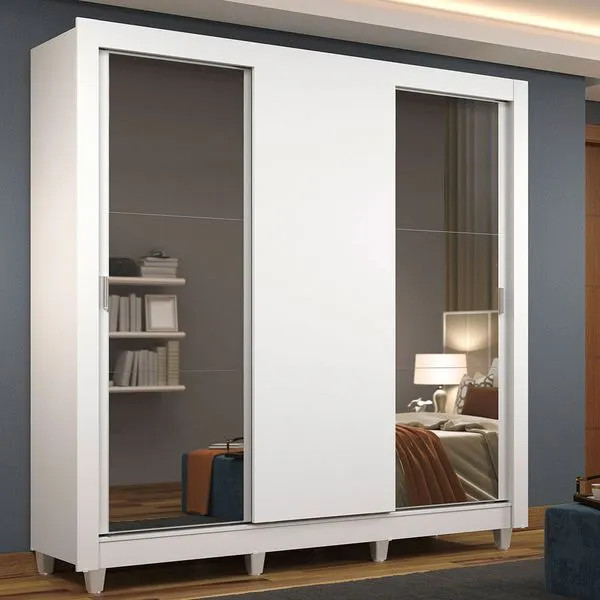 Guarda-Roupa Casal Madesa Mônaco 3 Portas de Correr com Espelhos com Pés Branco Cor:Branco