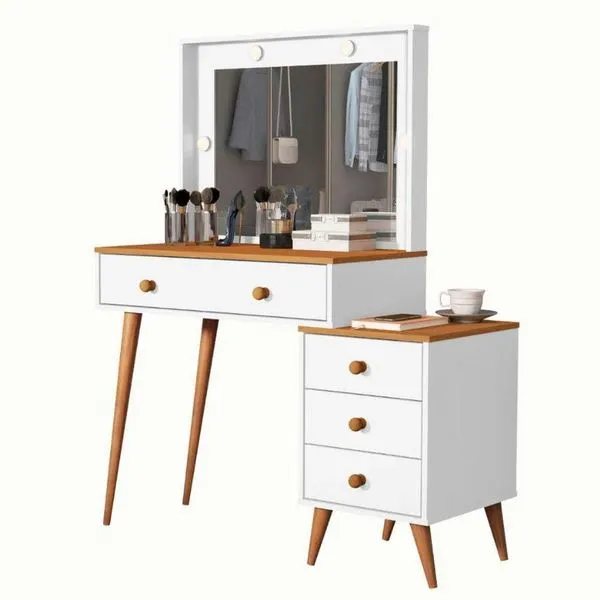 Penteadeira Camarim Com Mesa De Cabeceira Espelho Led 4 Gavetas Pés Em Madeira Branco / Nature