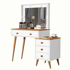 Penteadeira Camarim Com Mesa De Cabeceira Espelho Led 4 Gavetas Pés Em Madeira Branco / Nature