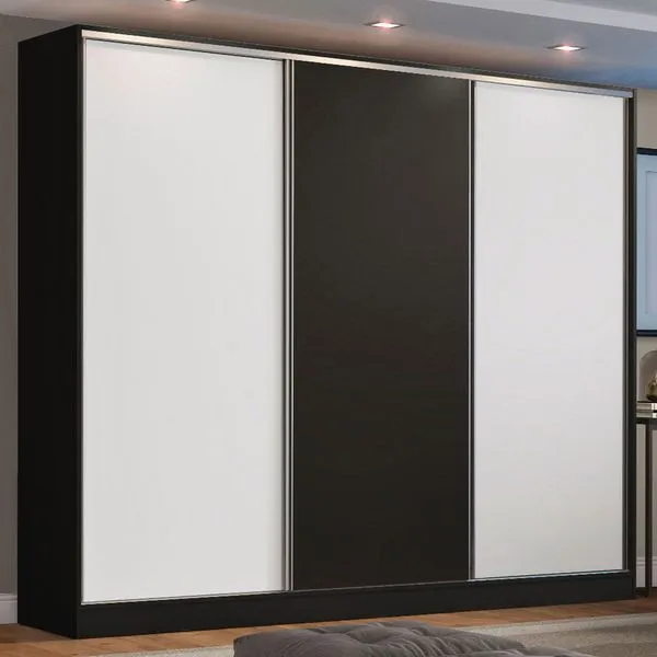 Guarda-Roupa Casal 100% MDF Madesa Zurique 3 Portas de Correr Preto/Branco/Preto Cor:Preto/Branco