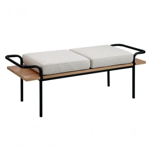 Banco Madeira Estofado Almofadas Tecido Bege Pés Metal Preto 1,45x0,46x0,50mt
