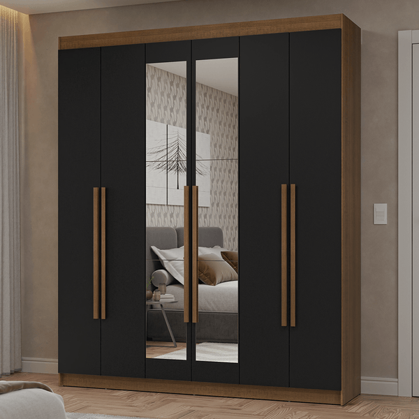 Guarda-Roupa Casal 6 Portas Batentes com Espelho Rustic/Preto/Rustic Netuno Madesa Cor:Rustic/Preto/Rustic