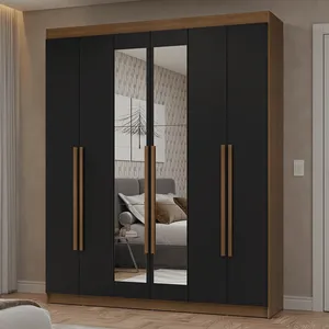 Guarda-Roupa Casal 6 Portas Batentes com Espelho Rustic/Preto/Rustic Netuno Madesa Cor:Rustic/Preto/Rustic