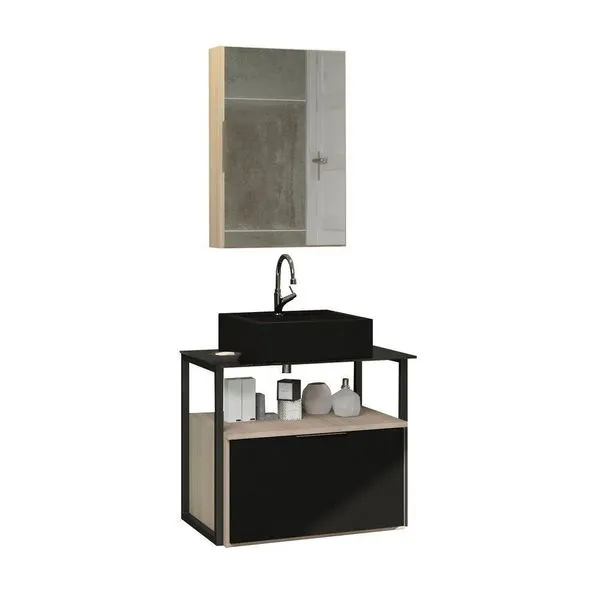 Conjunto Gabinete Urbe 60cm Madeirado Preto Tampo Preto Cuba Preto