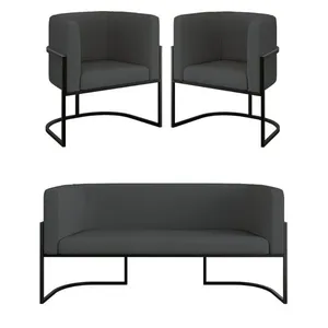 Kit 2 Poltronas + Sofá 2 Lugares Base de Metal Preto Corino