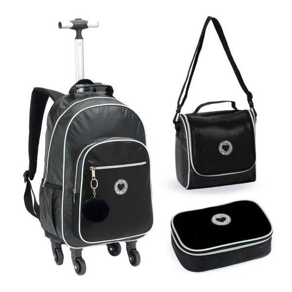 Kit Mochila De Rodinhas + Lancheira + Estojo Just Love Denlex Preta