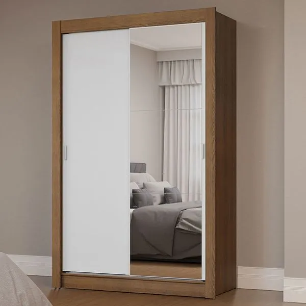 Guarda-Roupa Solteiro 2 Portas de Correr com Espelho Rustic/Branco Milano Madesa Cor:Rustic/Branco
