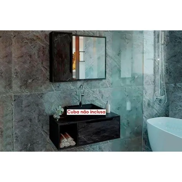Conjunto De Banheiro Balcão Suspenso Bn3644 E Balcão Com Rodízios Bn3643 80cm E Armário Com Espelho Bn3645 80cm Amêndoa-branco - Tecno Mobili