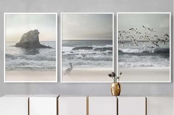 Quadro Decorativo Illuminato Praia com Passáros Kit com 3 Peças