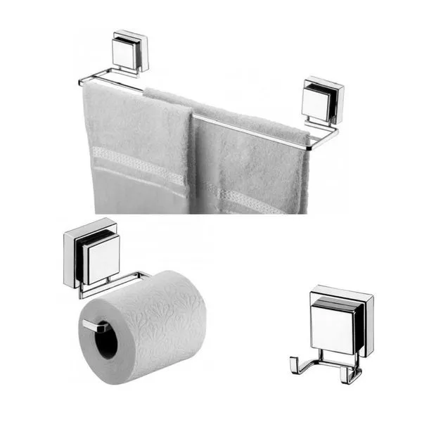 Kit Lavabo Banheiro Cromado Ventosa 03 Peças Future Porta Toalha Duplo, Papeleira, Cabide