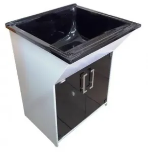 Tanque de Lavar Roupa com Gabinete 2 Portas Venturi Pedra Ardósia Cuba de Marmorite e Portas de Vidro Preto 40 Litros