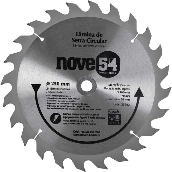 Lâmina de serra circular com 24 dentes de metal duro/vídea 250mmx30mm NOVE54