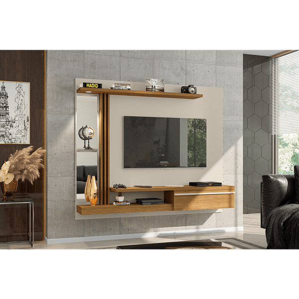 Painel para TV até 55'' com Espelho, MDP, 1 Porta, 3 Prateleiras - Denver Off White / Cinamomo