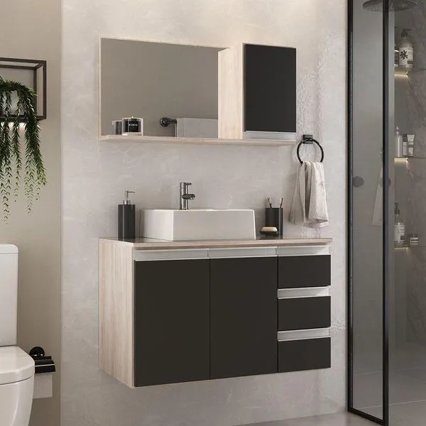 Conjunto Gabinete Banheiro Prisma 80cm Gabinete + Cuba + Espelheira Com Vidro Madeirado Preto