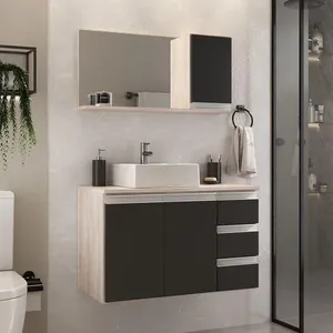 Conjunto Gabinete Banheiro Prisma 80cm Gabinete + Cuba + Espelheira Madeirado Preto