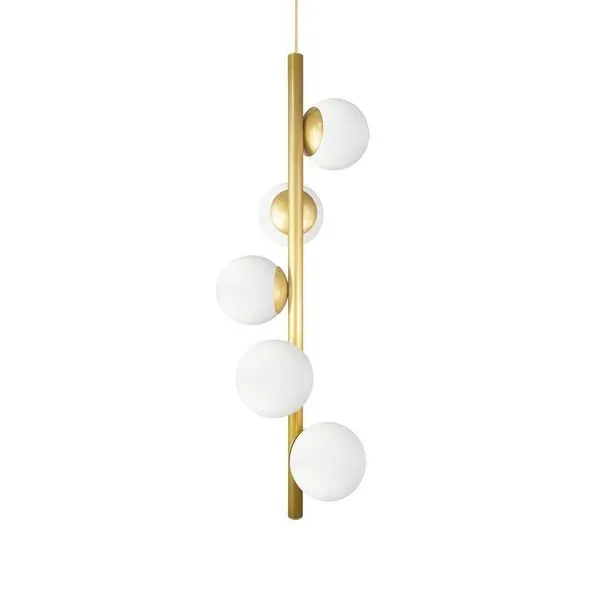 Lustre Vertical Figo Ouro - 5 Globos Esfera De Vidro Branco
