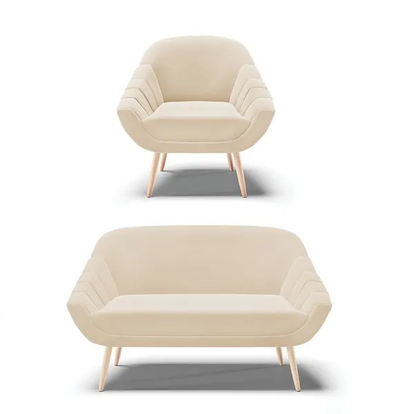 Kit 01 Namoradeira 02 Lugares e 01 Poltrona Giovana Suede Bege Ps Palito Natural - D'Rossi