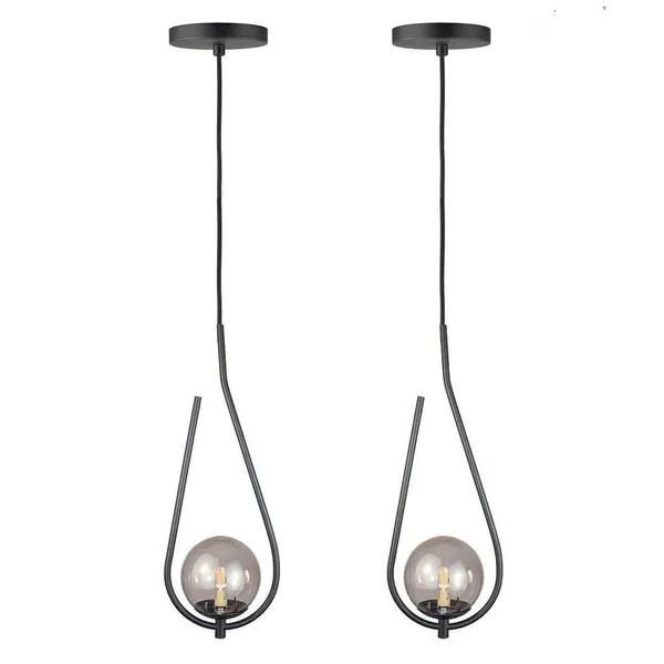 Kit 2 Pendentes Lustres On Drop Preto Globo De Vidro Fume