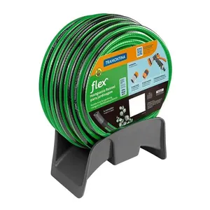 Mangueira Tramontina Flex para Jardim em PVC 4 Camadas, Engate Rápido, Engate Rosqueado, Hidropistola e Suporte 15 Metros Verde e Preto