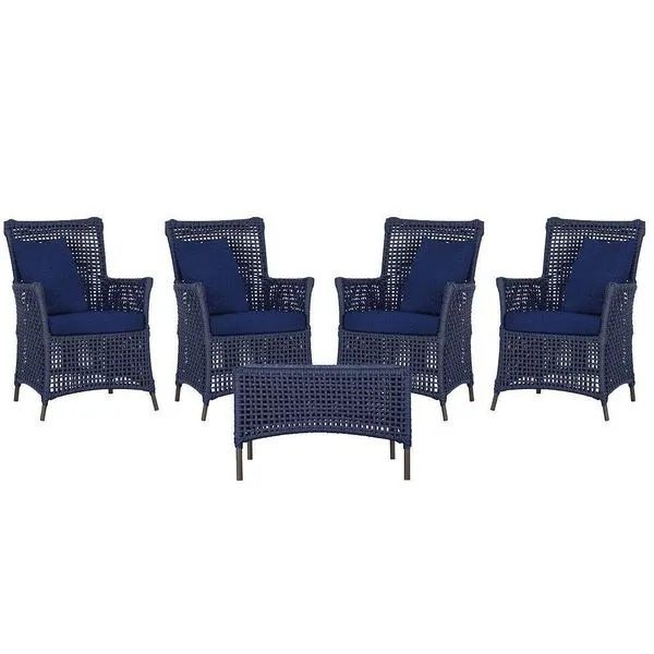 4 Poltronas E 1 Mesa Igapó Alumínio Marrom Corda Náutica E10 Azul