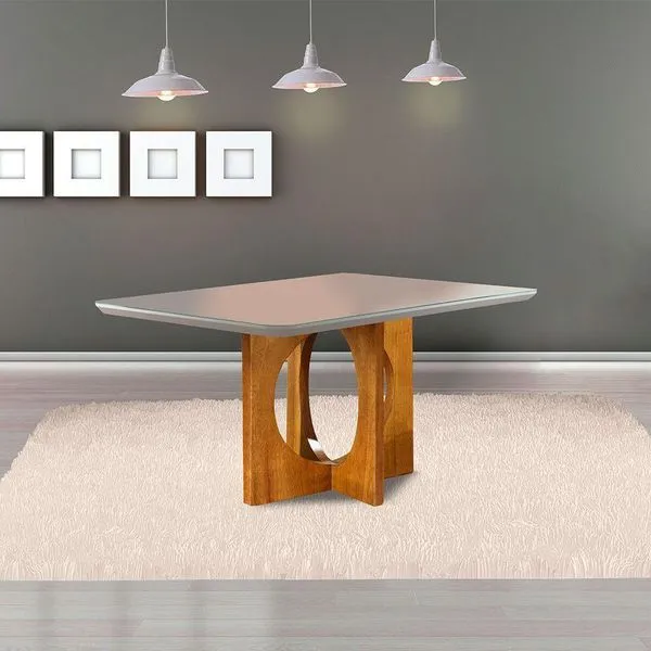 Mesa De Jantar 6 Lugares Barcelona Tampo Em Vidro 160Cm - Móveis Mix Mel/Off-White