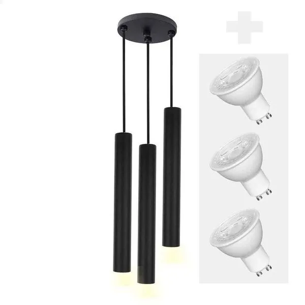 Pendente Triplo Tubo Palito Moderno 30cm Preto + Led 4w