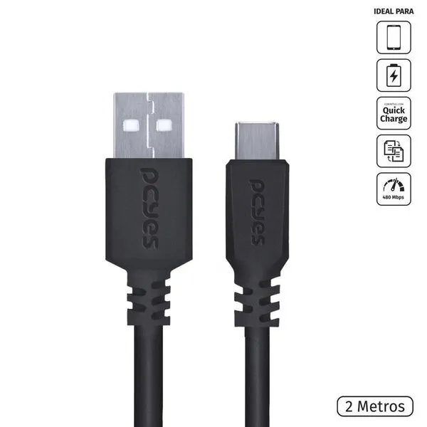 Cabo Para Celular Smartphone Usb A 2.0 Usb Tipo C 2M Preto