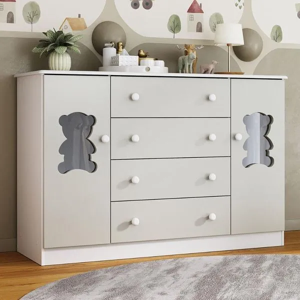 Cômoda Infantil 125cm 2 Portas Com Vidro E 4 Gavetas Teddy Multimóveis Mp4490 Branco/off White Branco/off White