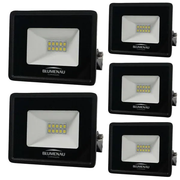 Kit 5 Refletor De Led Slim 10w Prova Dágua Preto Bivolt 3000k Quente